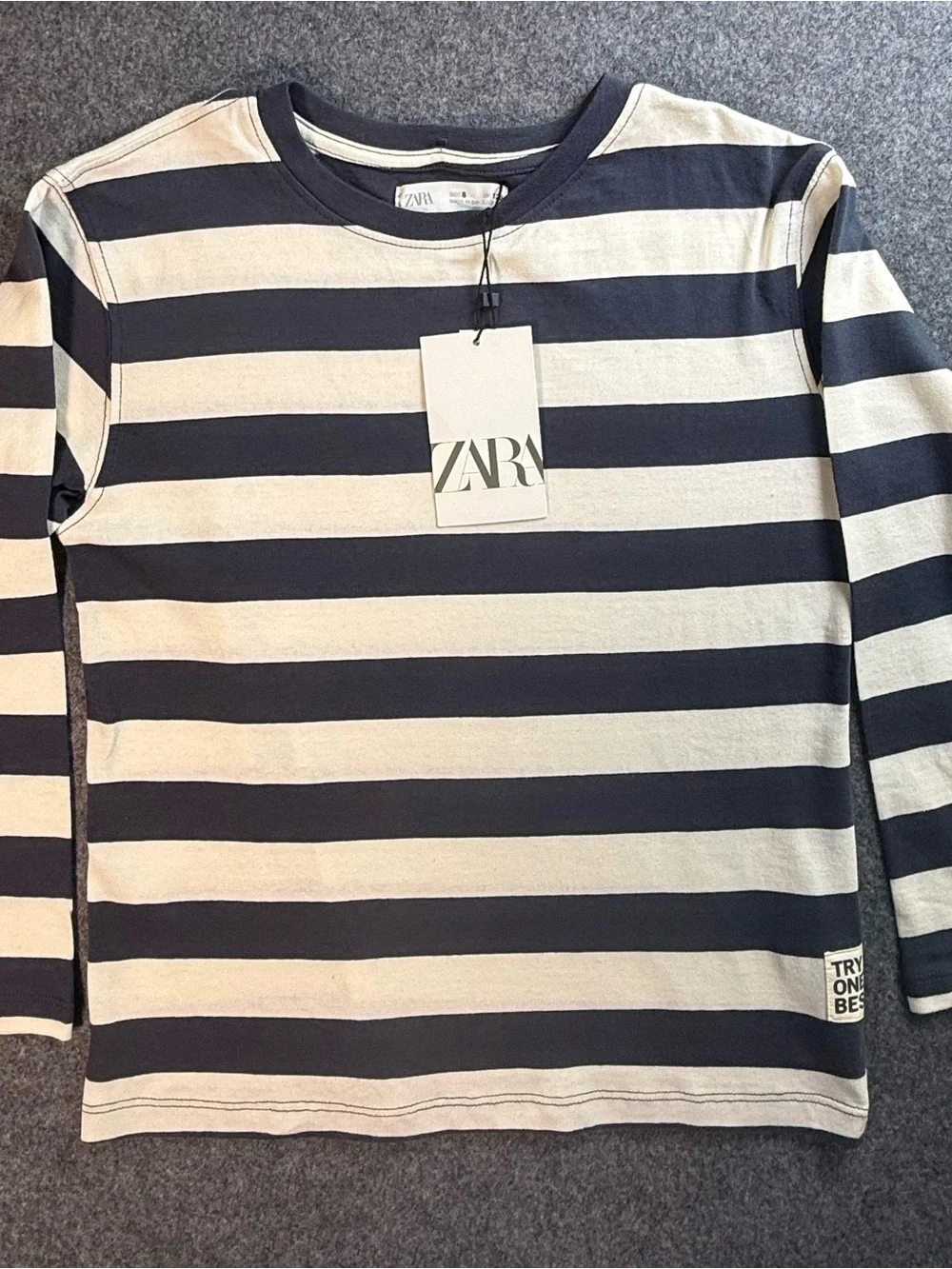 Zara Kids Navy &‎ Cream Striped Long Sleeve Tee Size 8 NWT Coastal Classic